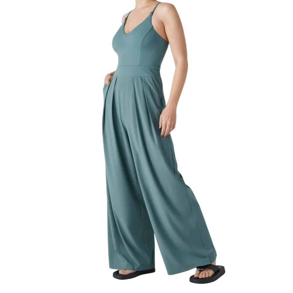 Halara Breezeful Backless Side Invisible Zipper Pocket Wide Leg Jumpsuit Blue S
